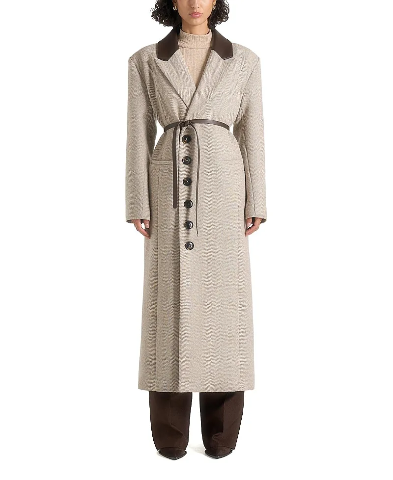 Anissa Herringbone Wool Oversized Coat with Faux Leather Belt