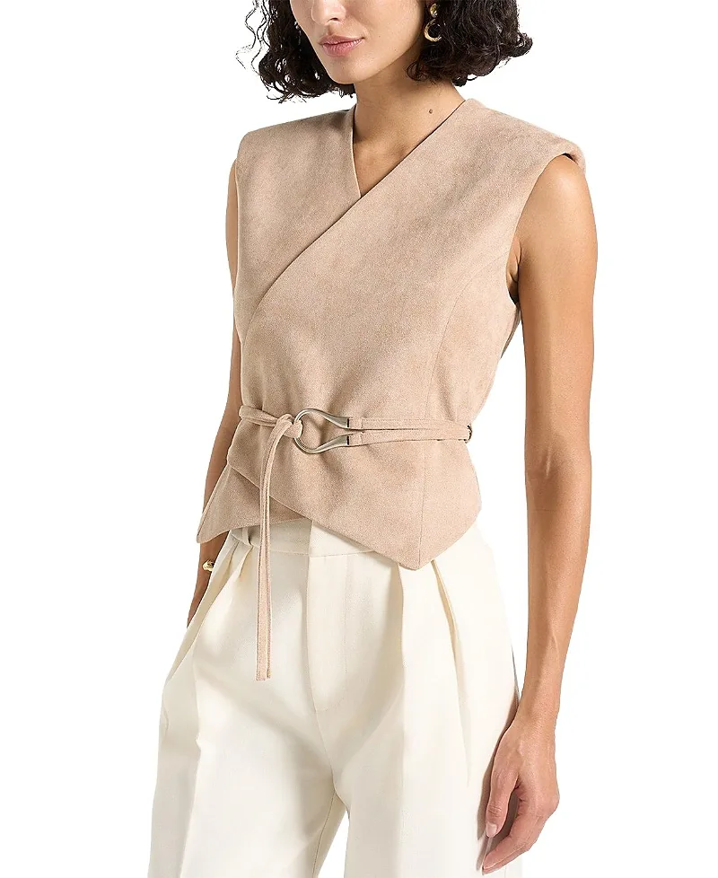 Jeanne Belted Wrap Faux Suede Waistcoat by Maniere De Voir