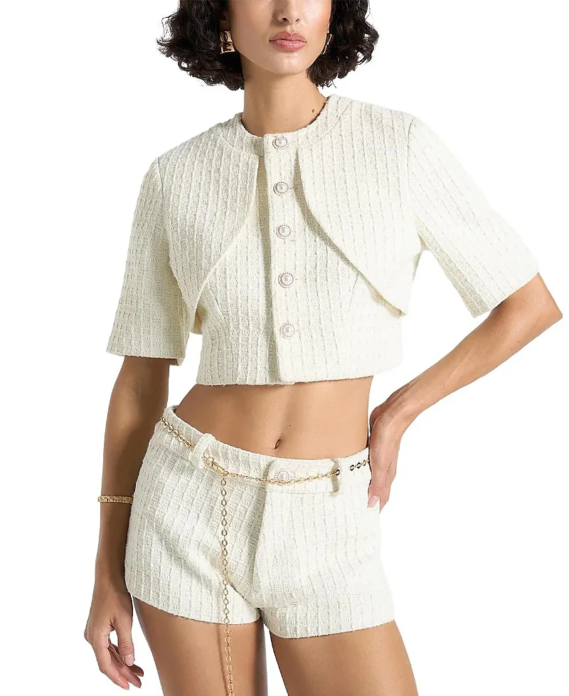 Alba Tweed Mock Neck Curve Detailing Top by Maniere De Voir