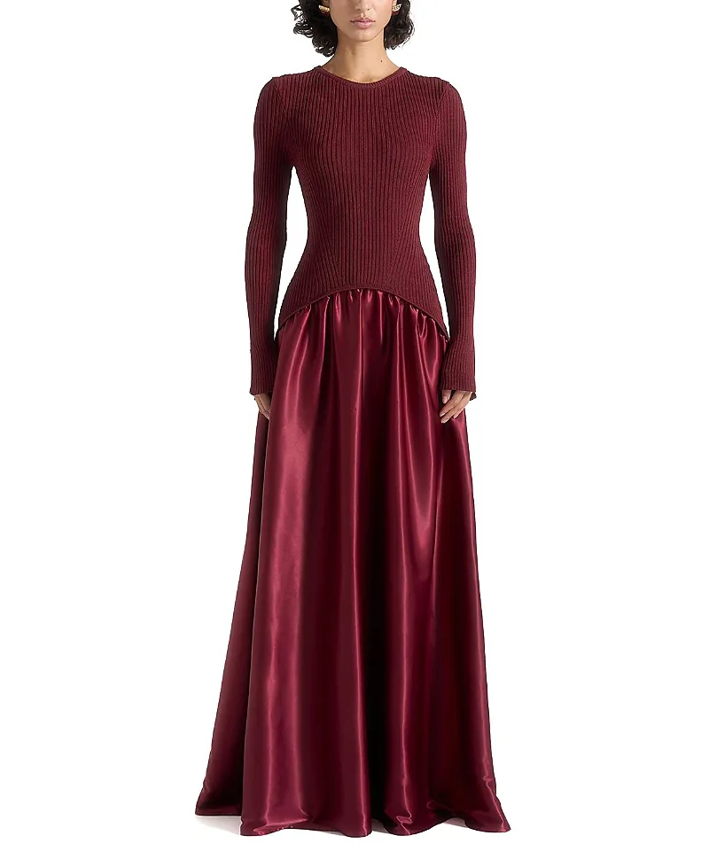 Adeline Knit & Satin Curved Hem Maxi Dress