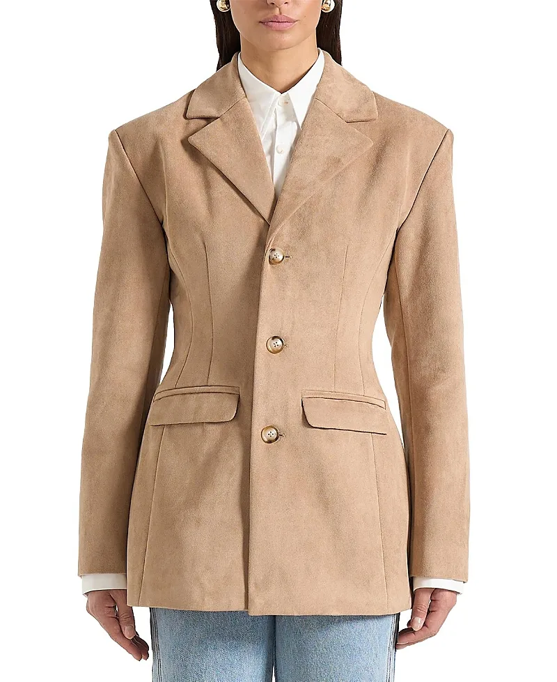 Claire Faux Suede Wide Shoulder Cinch Waist Blazer by Maniere De Voir