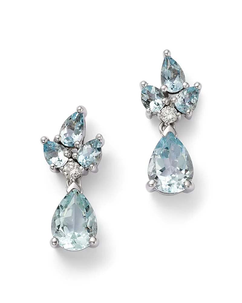 Diamond & Aquamarine Cluster Earrings in 14K White Gold, 0.1 Tcw