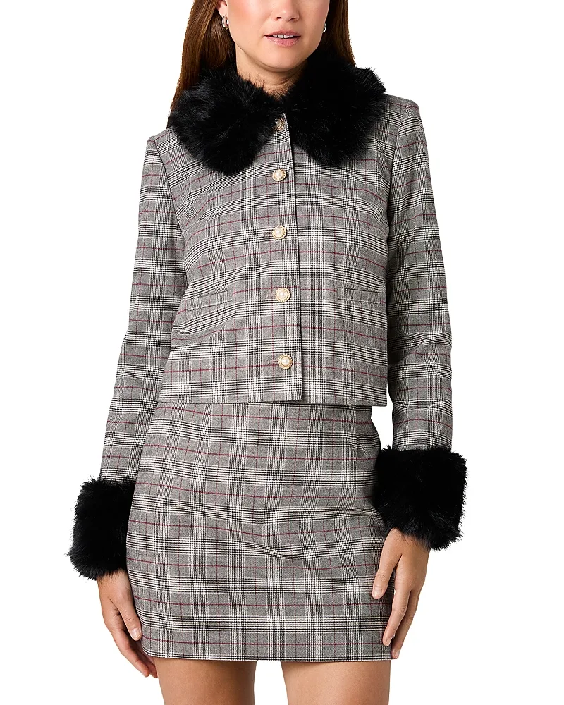 Leonie Tartan Plaid Faux Fur Trim Jacket by French Connection