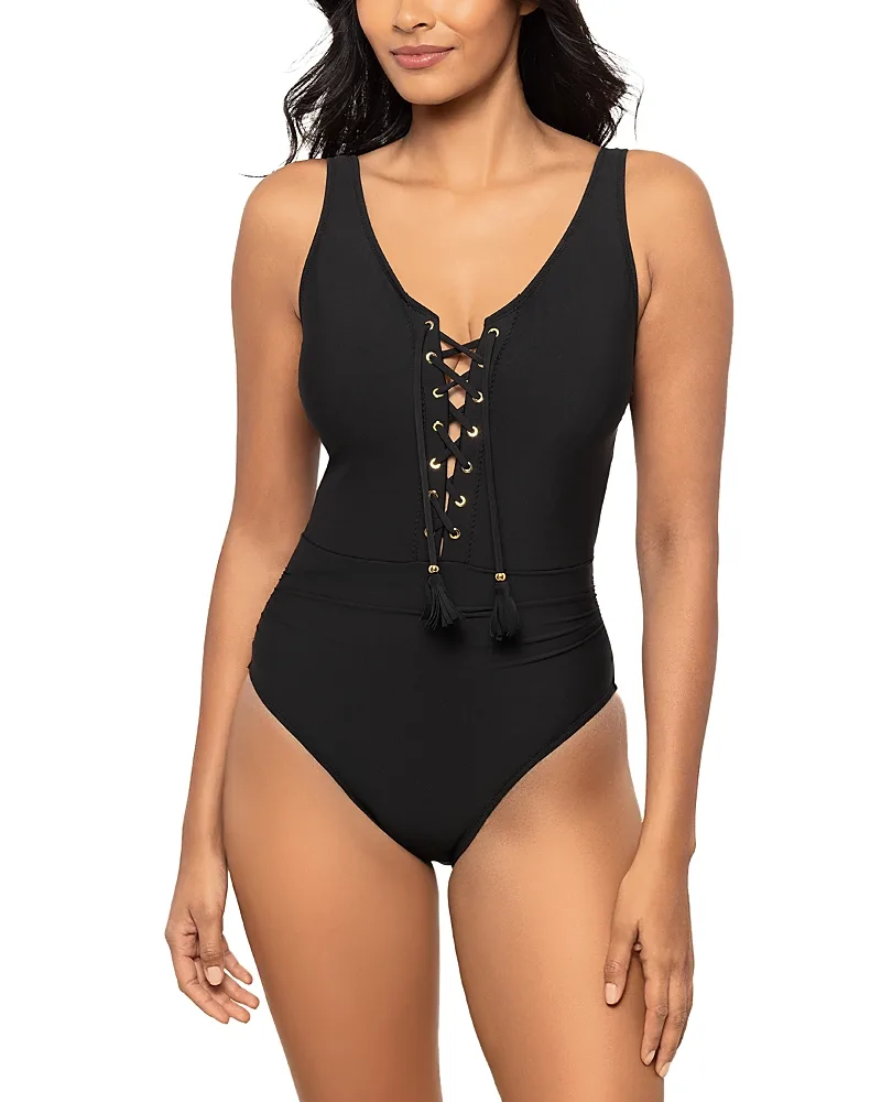 Solid Bronte Lace Up Tasseled Swimsuit by Magicsuit