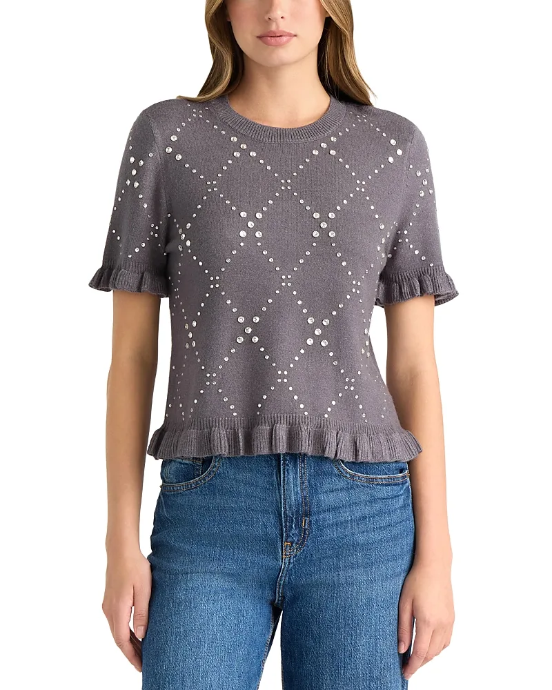 Rhinestone Crewneck Ruffle Trim Sweater by Nvlt