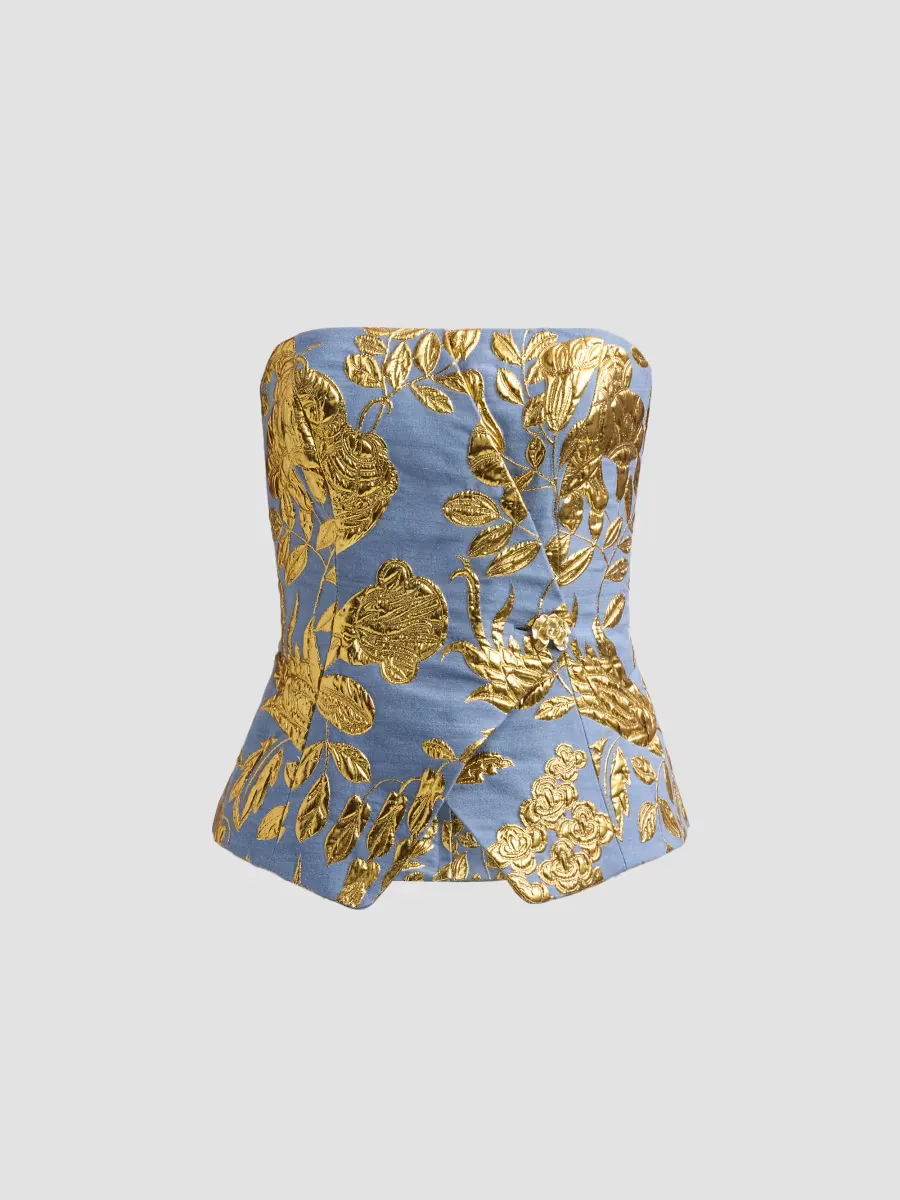 Floral Metallic Fil Coup Strapless Top by Lela Rose