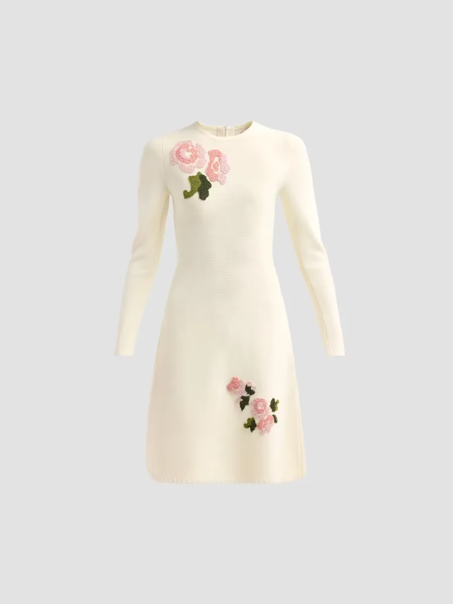 Floral-Embroidered Knit Crewneck Knee-Length Dress by Lela Rose