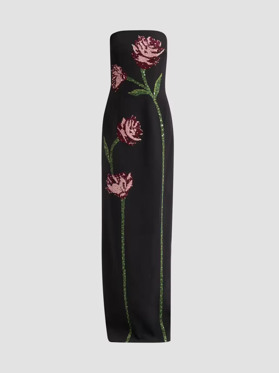 Ava Floral-Embroidered Crepe Strapless Gown by Lela Rose