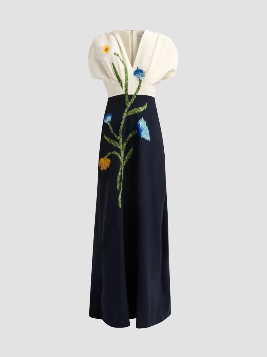 Floral-Embroidered Crepe V-Neck Gown by Lela Rose