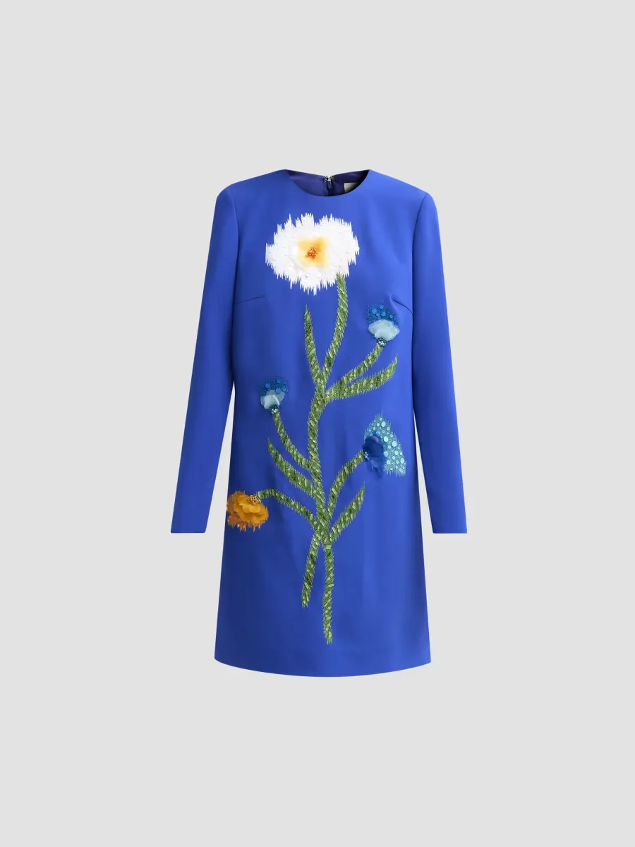 Floral-Embroidered Crepe Tunic Mini Dress by Lela Rose