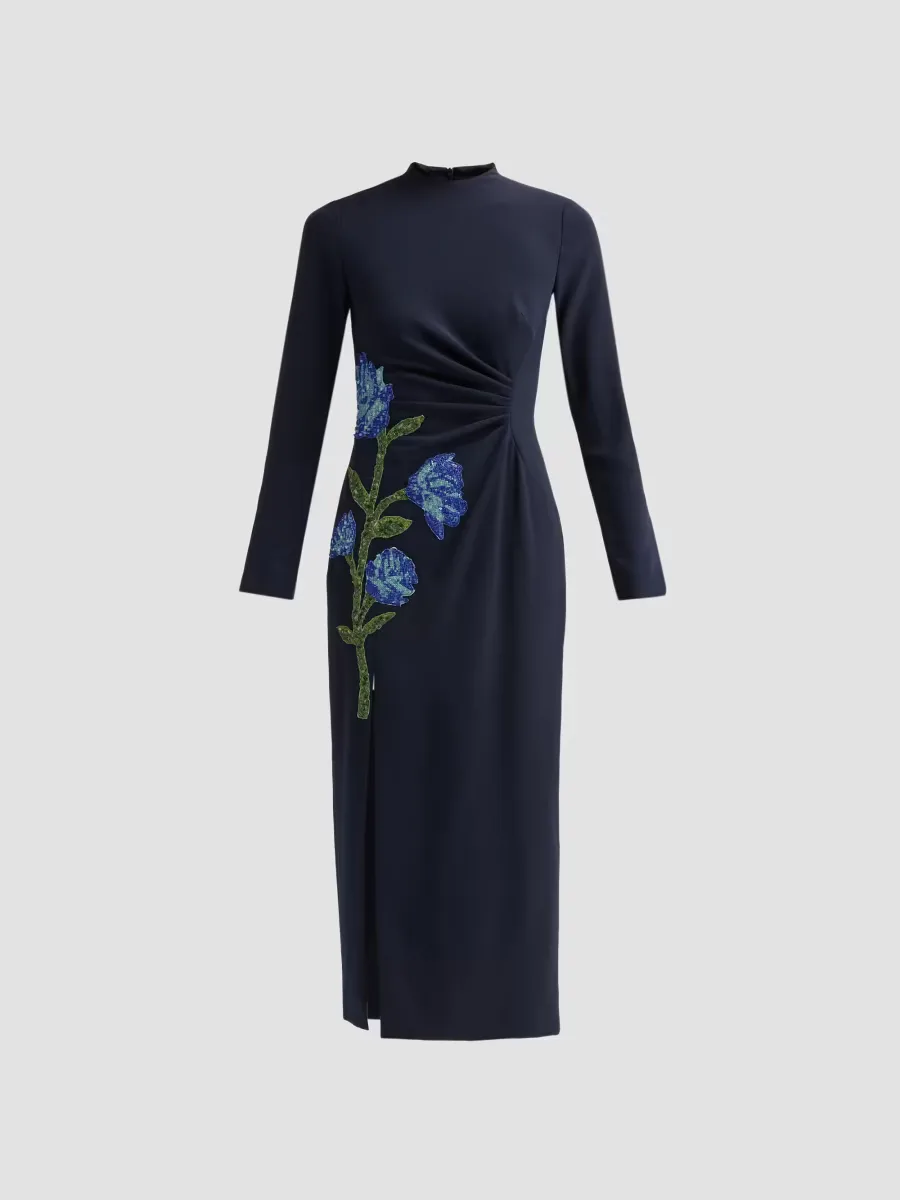 Floral-Embroidered Ruched Crepe Midi Dress by Lela Rose