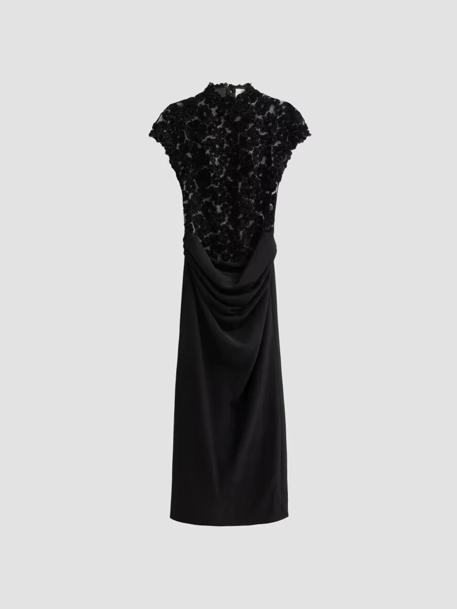 Embroidered Chenille Tulle Draped Midi Dress by Lela Rose