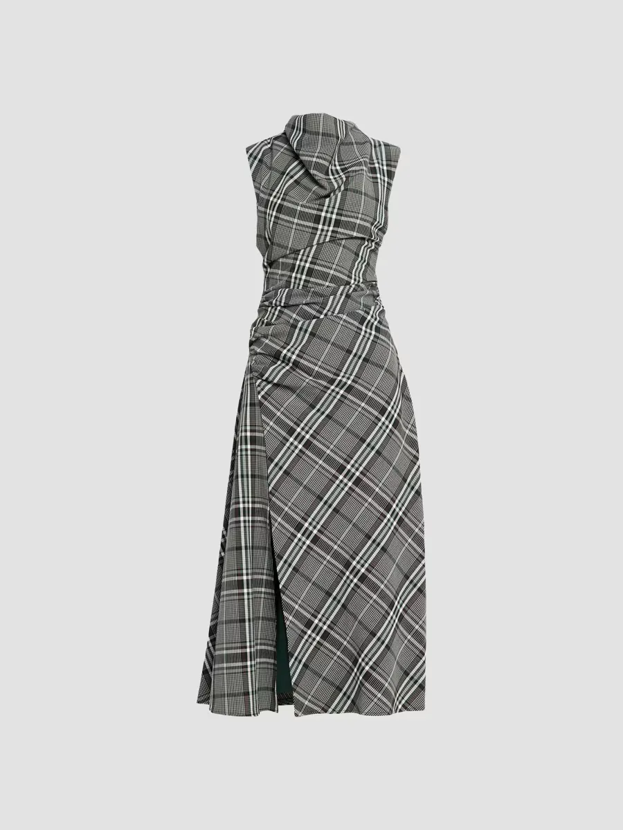 Burke Plaid Ruched Midi Dress by SIMKHAI