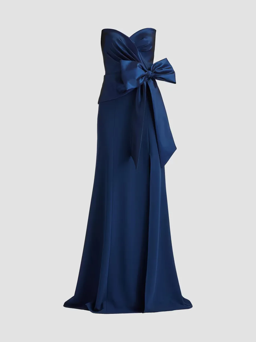 Pleated Bow Strapless Column Gown by Tadashi