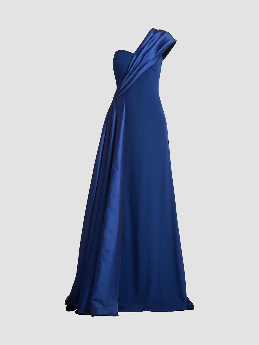 One-Shoulder Taffeta-Trim Crepe Gown by Tadashi