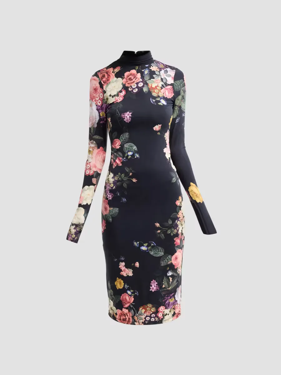 Delora Floral Jersey Turtleneck Midi Dress by Alice + Olivia
