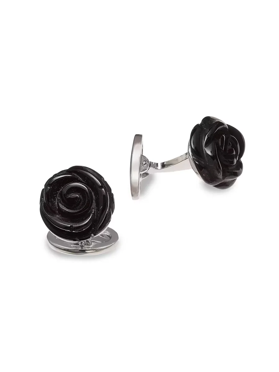 Black Onyx & Sterling Silver Carved Rose Cufflinks by Jan Leslie