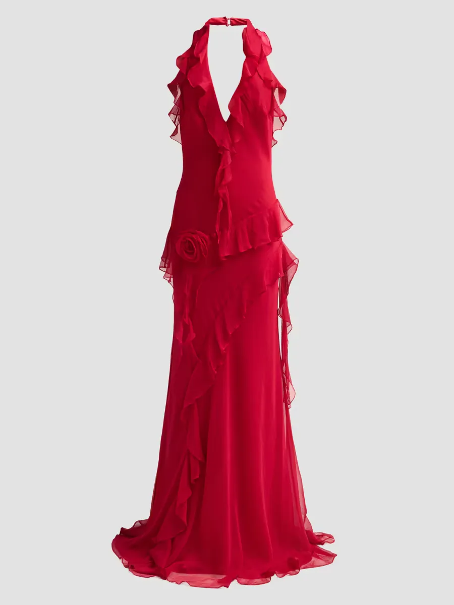 Lola Halterneck Ruffled A-Line Gown by Amur