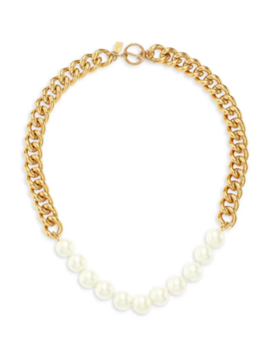 22 Goldplated & Glass Pearl Curb-Link Necklace by Kenneth Jay Lane