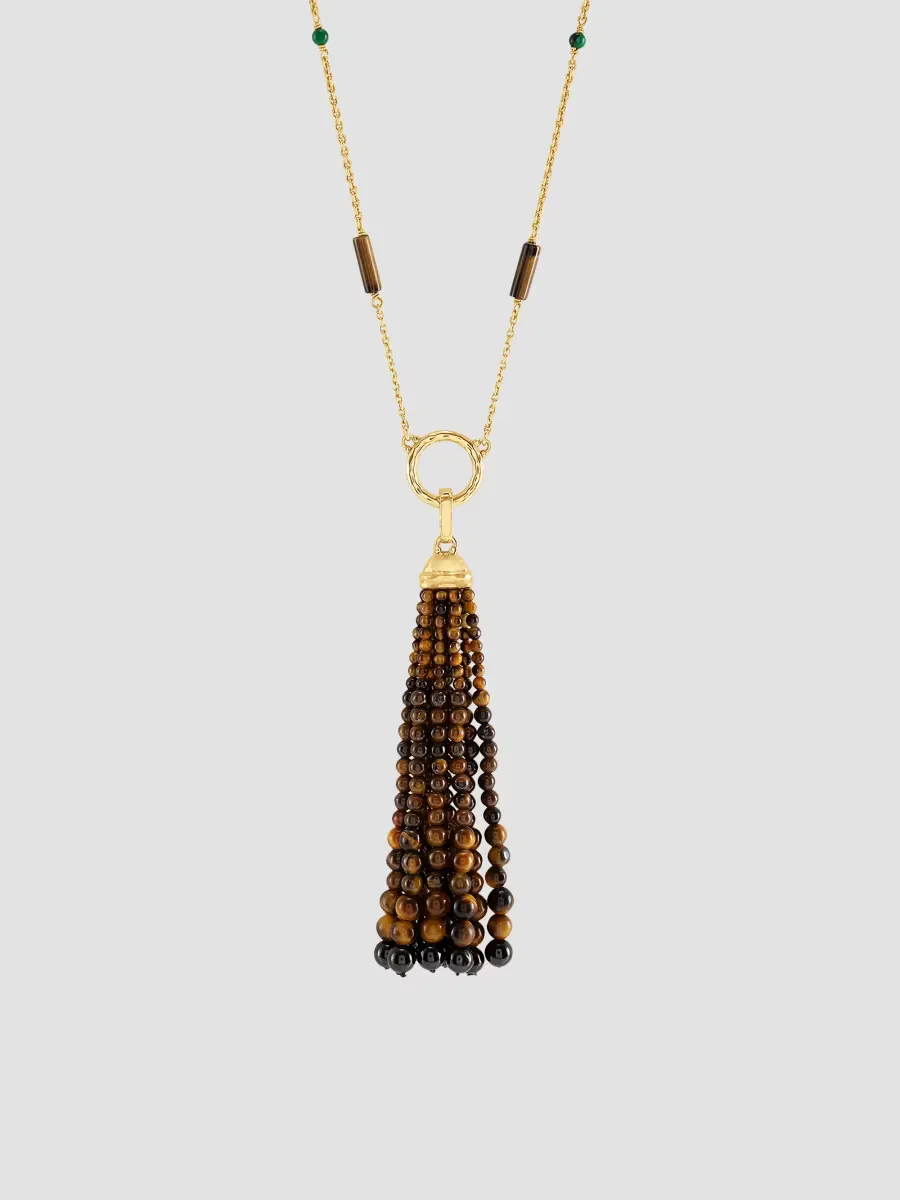 Forza 18K-Gold-Plated, Tigers Eye & Black Onyx Beaded Tassel Pendant by Anabel Aram