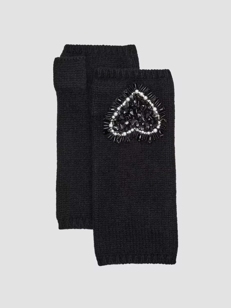 Heart-Embroidered Cashmere Fingerless Gloves by Carolyn Rowan Collection