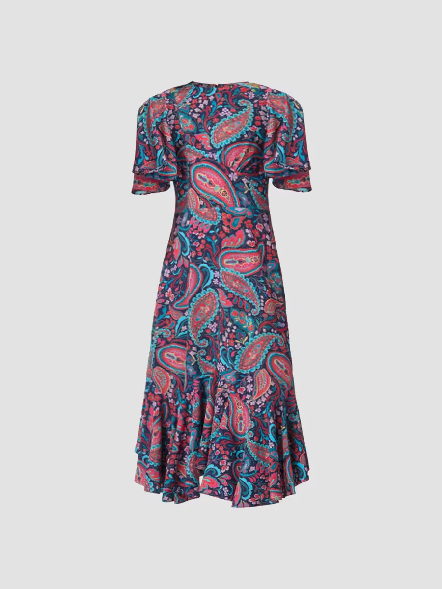 Mallie Paisley Fluted-Hem Midi Dress by Shoshanna