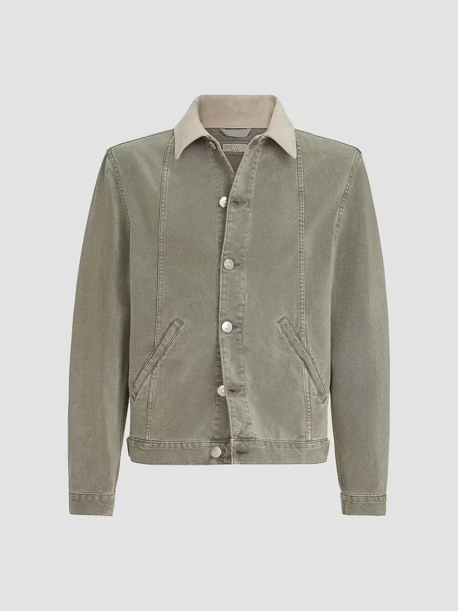 Garment Dyed Outerwear Jacket in Denim with Leather Collar by Brunello Cucinelli