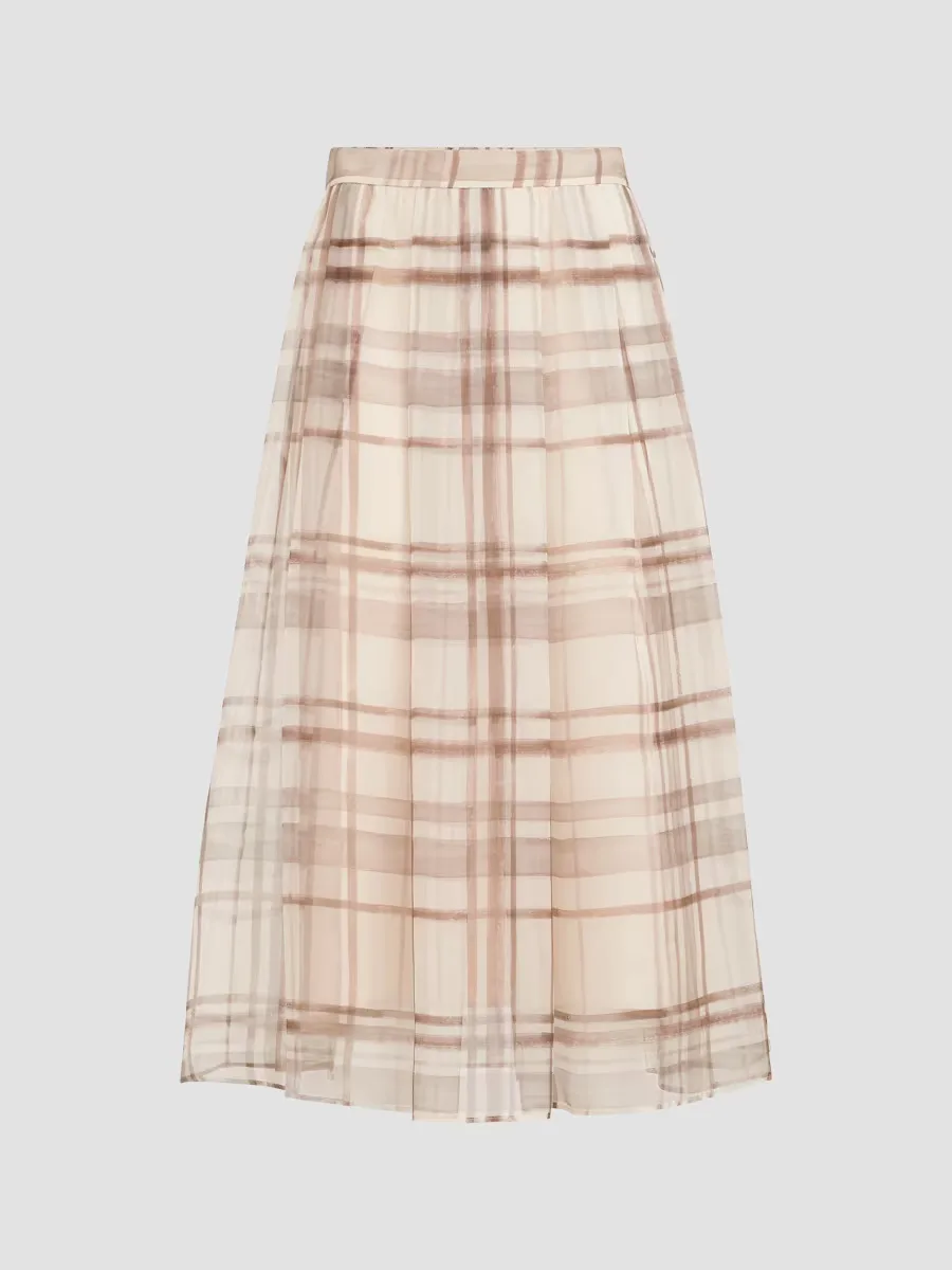 Silk Organza Pleated Skirt in Macrocheck Print by Brunello Cucinelli