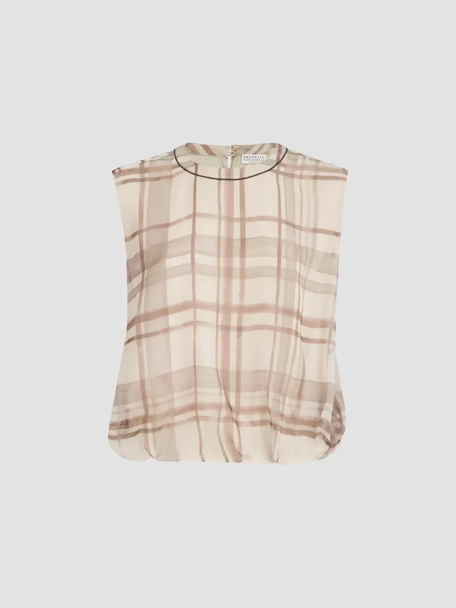Silk Organza T-Shirt in Macro Check Print with Shiny Neck Detail by Brunello Cucinelli