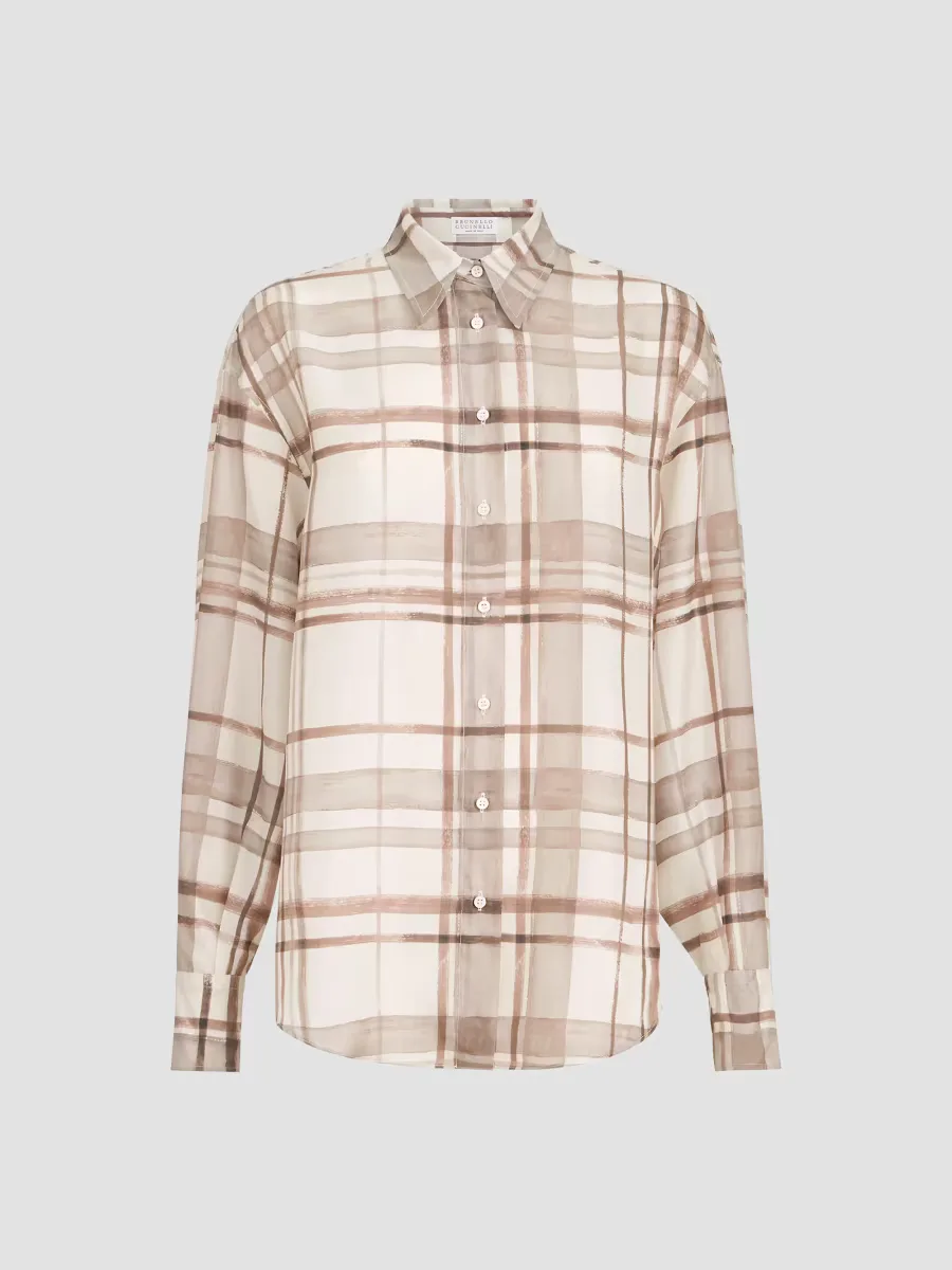 Silk Ponge Shirt in Macrocheck Print by Brunello Cucinelli