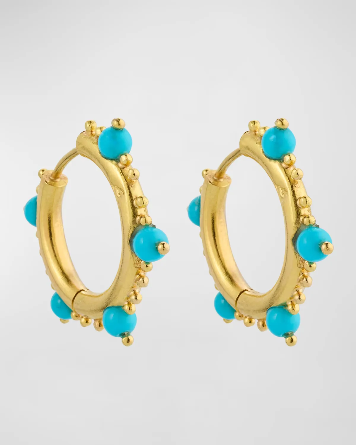 19K Yellow Gold Small Hammered Hoop Earrings with 5 Sleeping Beauty Turquoise Beads by Elizabeth Locke