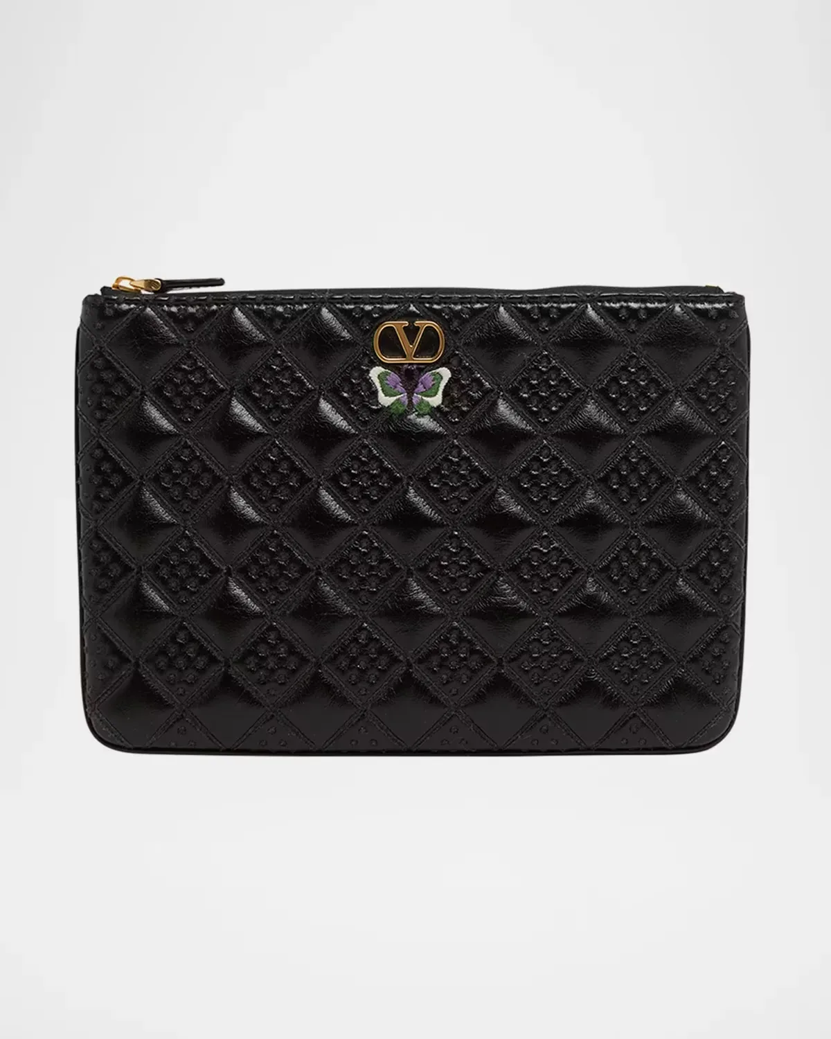 Butterfly-Embroidered Quilted Leather Clutch Bag by Valentino Garavani
