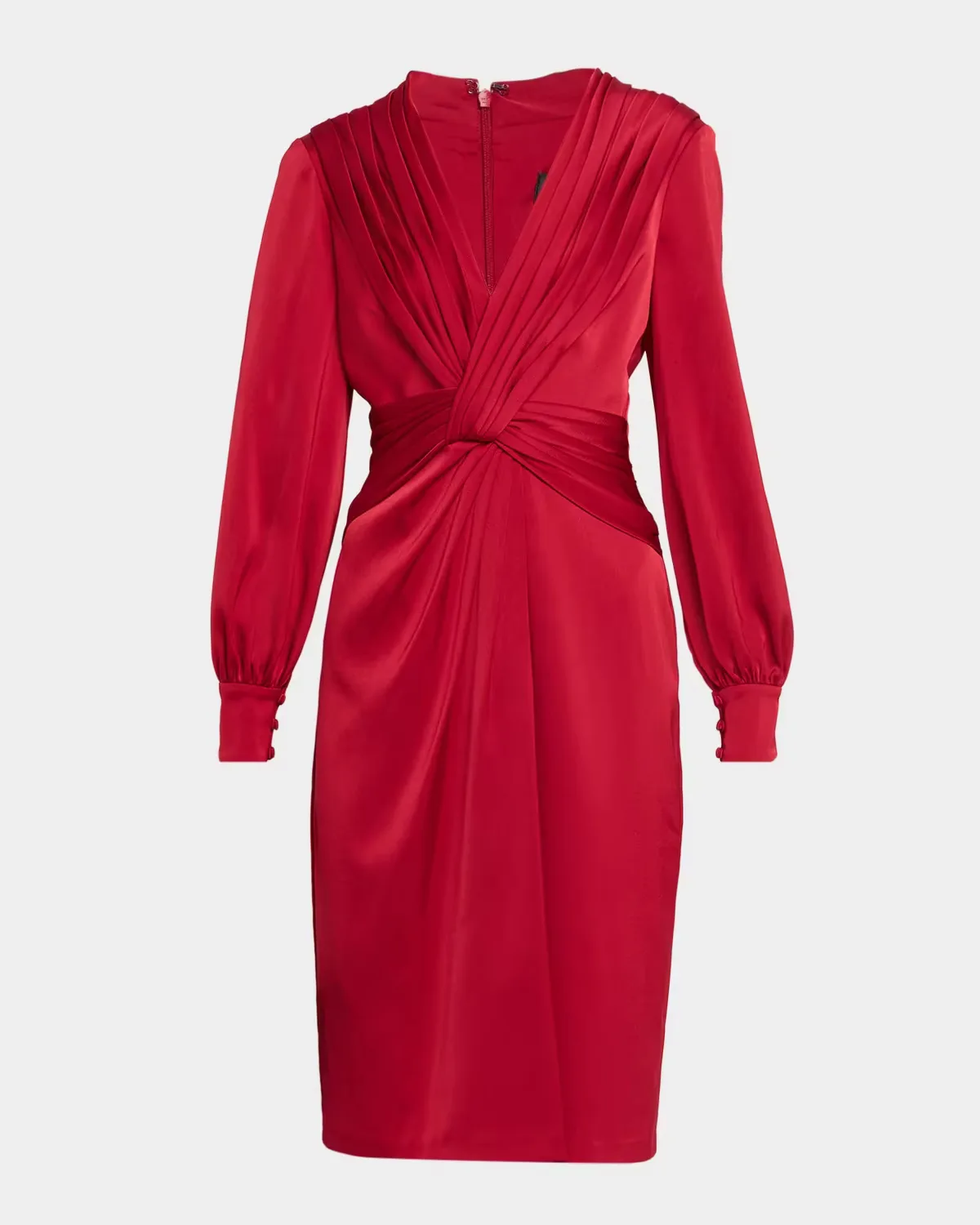 Pleated Twist-Front Satin Midi Dress