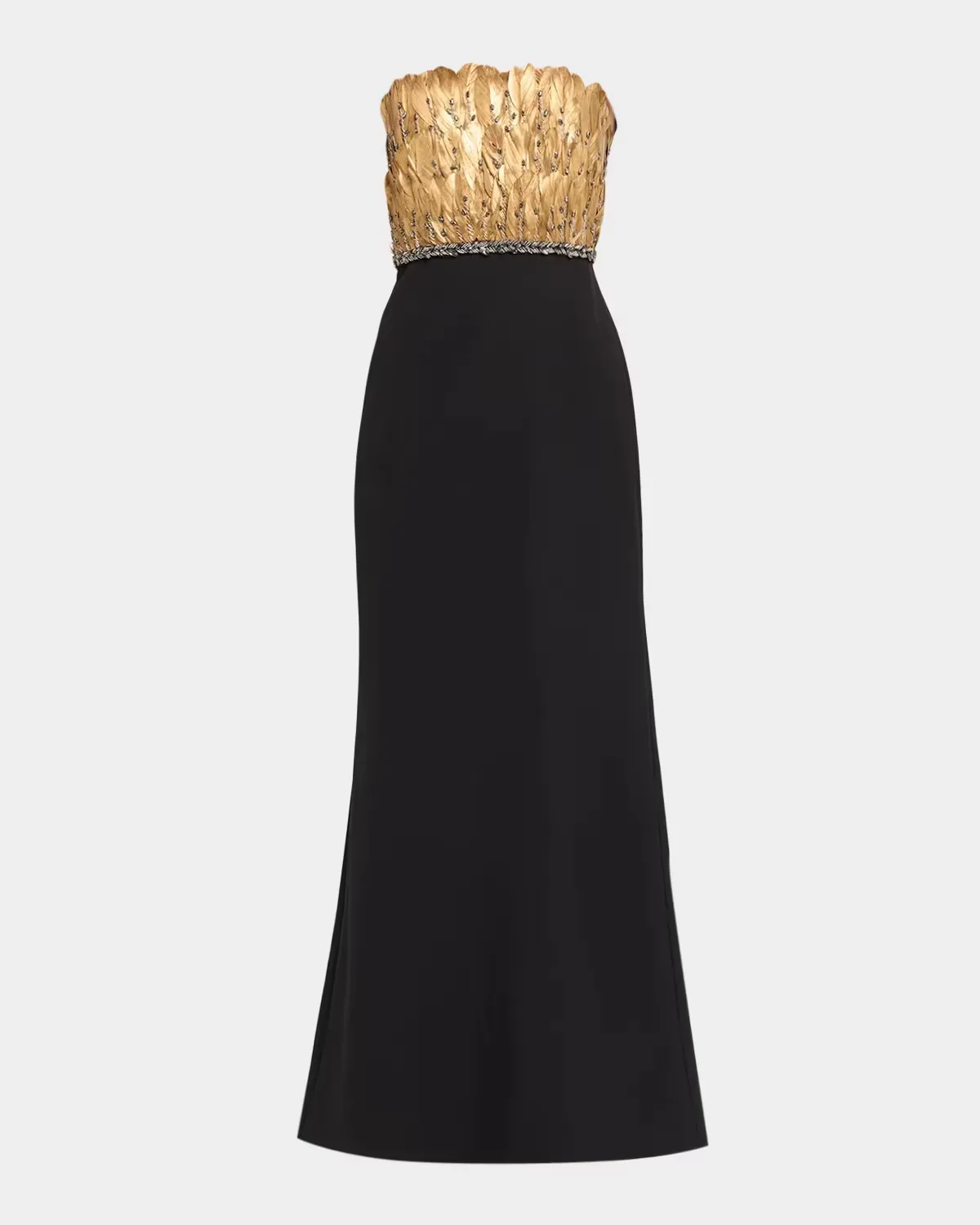 Strapless Metallic Feather & Crepe Gown by Aidan Mattox