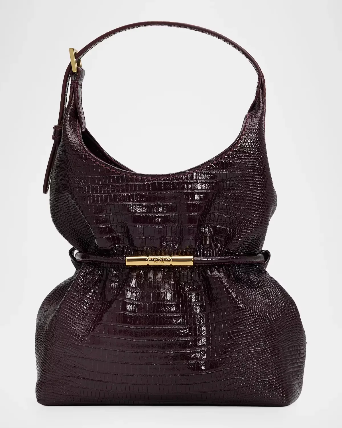 Sphynx Mini Calfskin Lizard-Embossed Top Handle Bag by Balmain