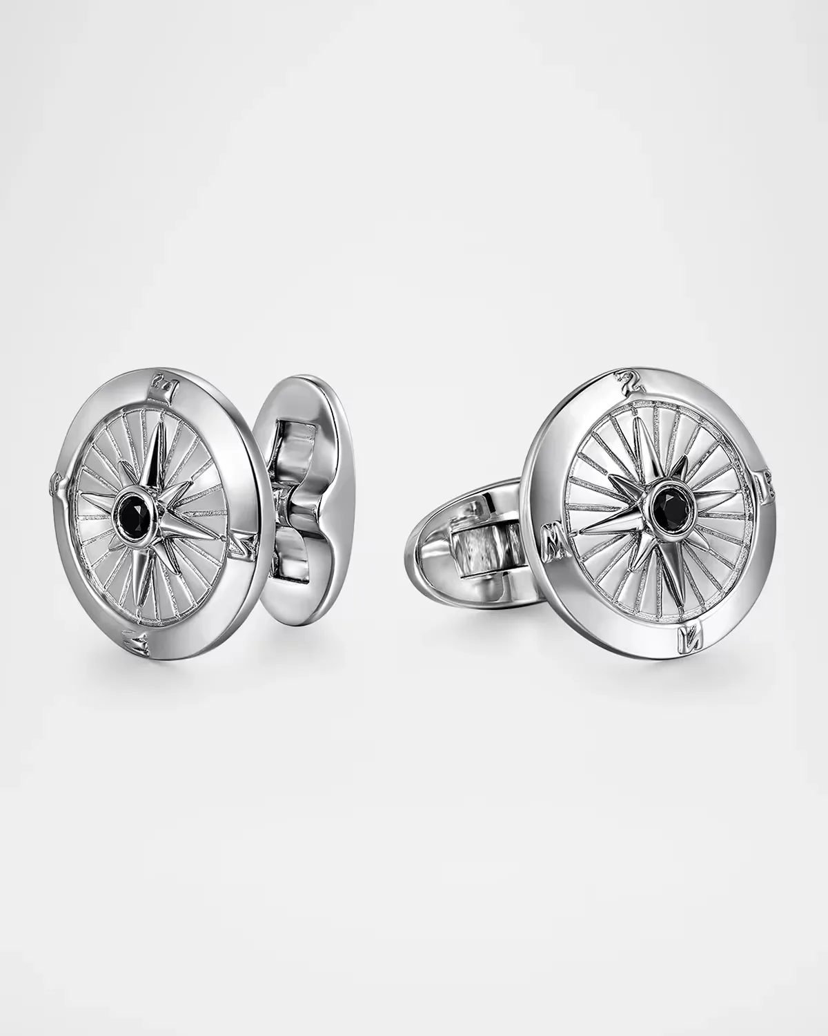 Polaris Round Compass Cufflinks in Sterling Silver with Black Spinel by Gabriel
