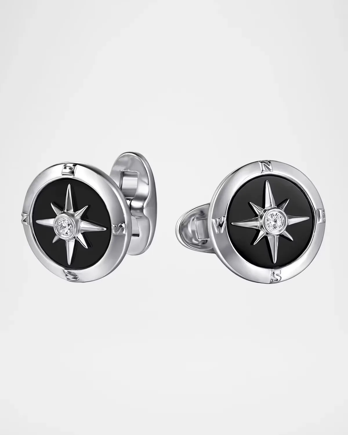 Polaris Black Onyx and Diamond Round Compass Cufflinks in Sterling Silver by Gabriel