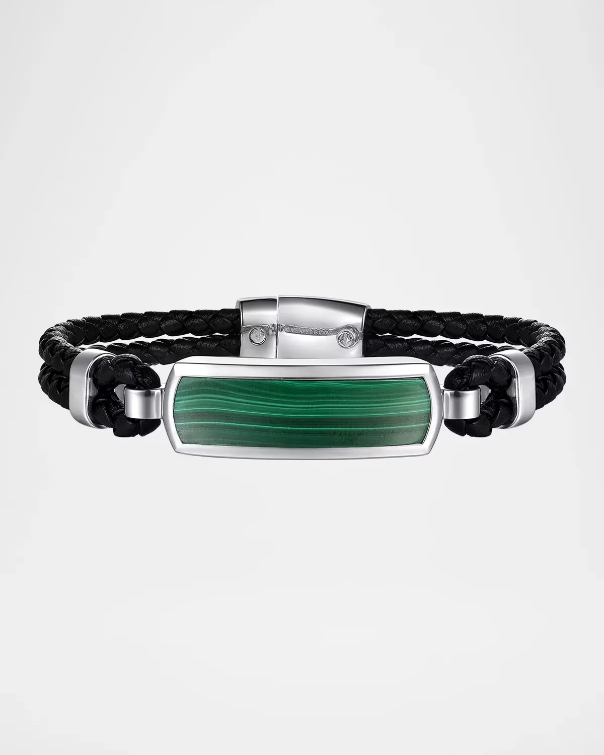 Contemporary Leather ID Bracelet in Sterling Silver and Malachite, 7.25L by Gabriel