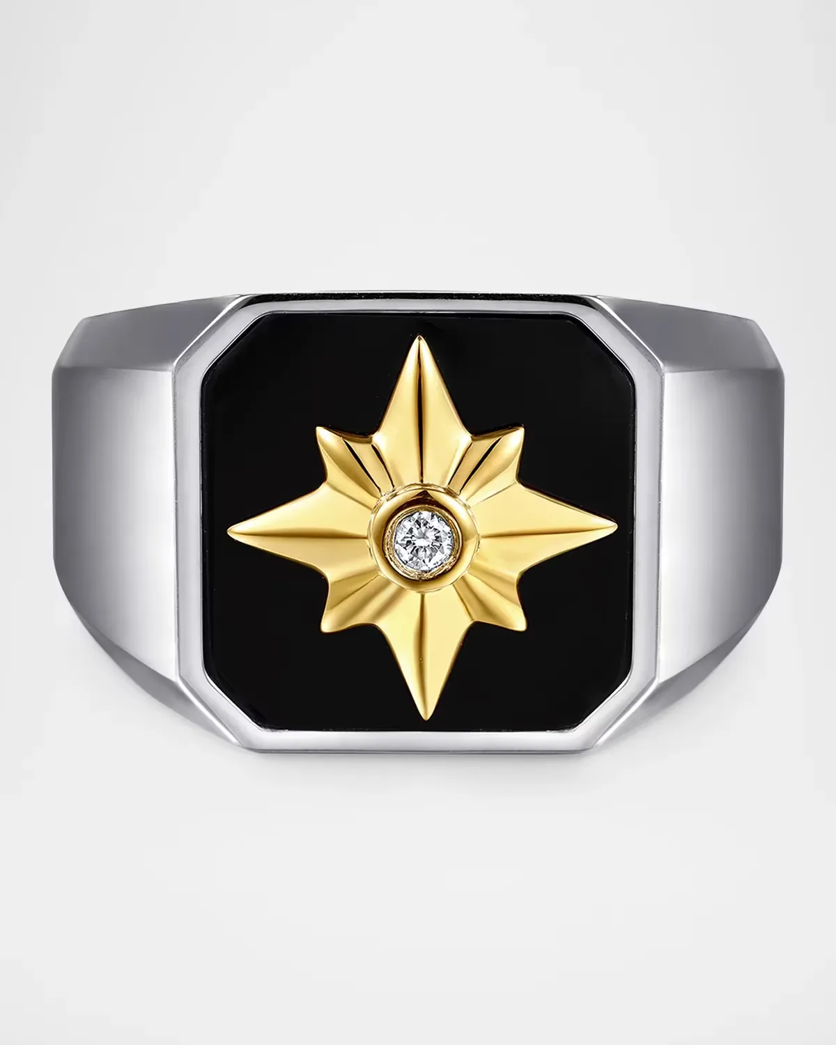 Polaris Starburst Signet Wide Band Ring in Sterling Silver and 14K Gold with Diamond and Onyx, 5.6mm by Gabriel