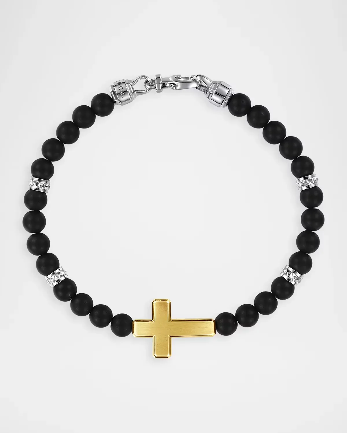 925 Sterling Silver and 14K Yellow Gold 6mm Titanium Beaded Bracelet with Cross by Gabriel