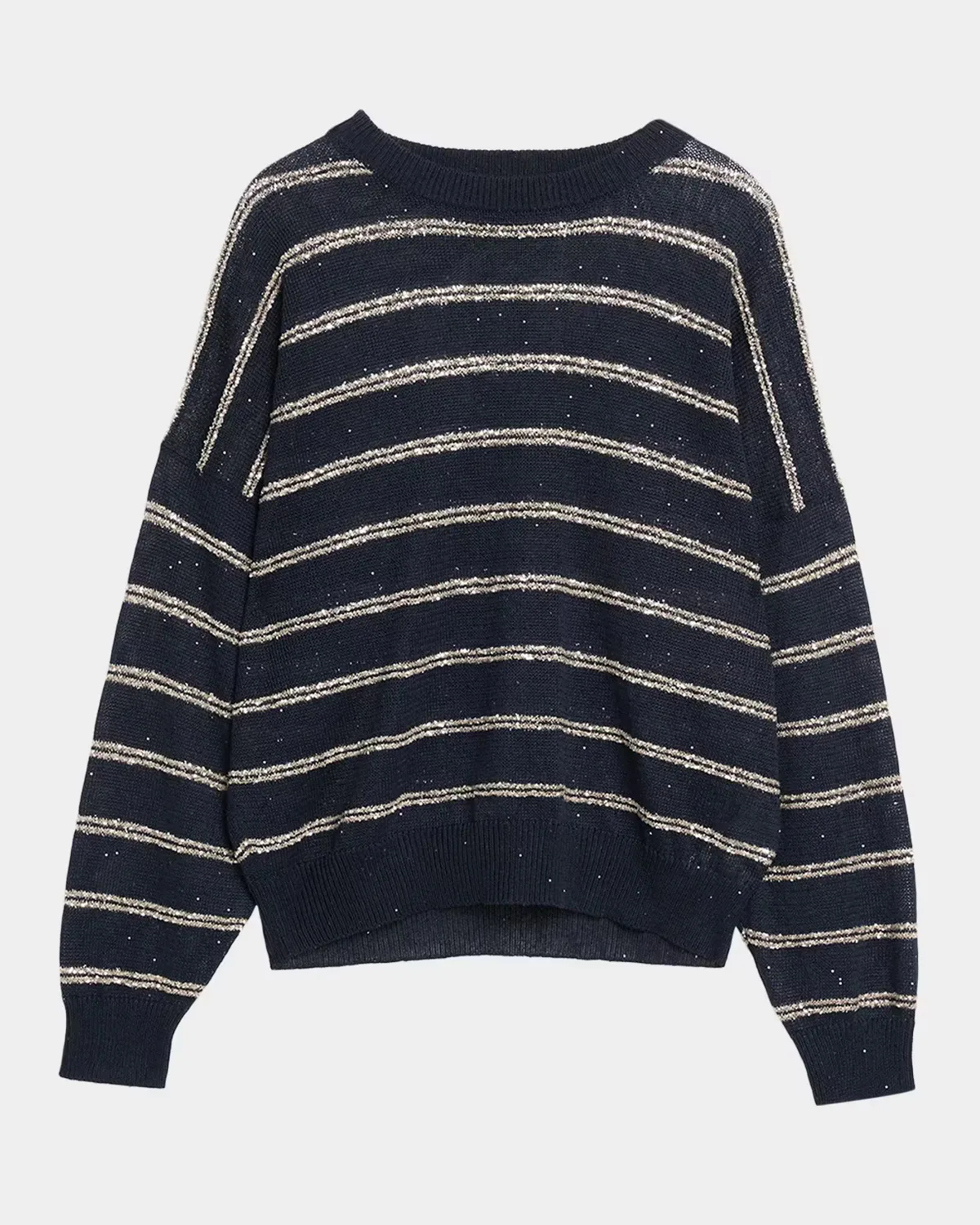 Linen Cotton Striped Knit Oversized Crewneck Sweater by Brunello Cucinelli