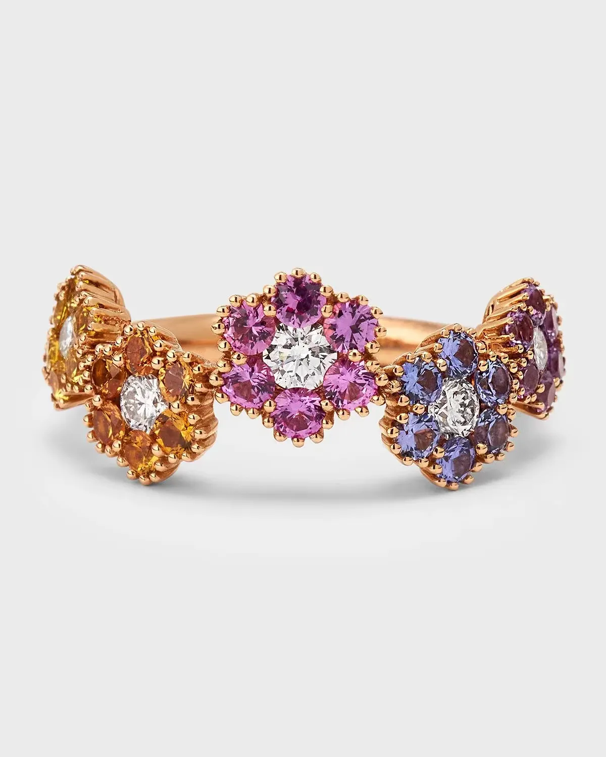 Rainbow 18K Rose Gold Sapphire & Diamond Daisy Flower Ring by Lisa Nik