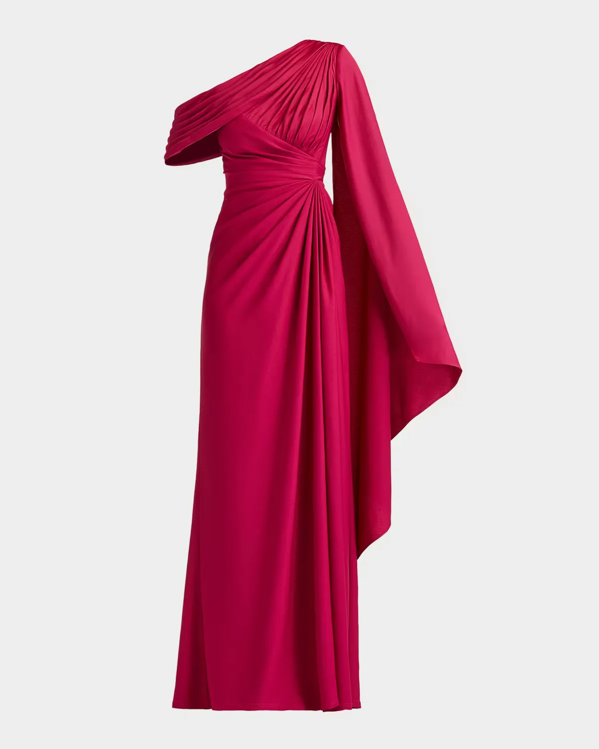 Pleated One-Shoulder Cape Gown