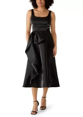 Sleeveless Square Neck Liquid Satin Bow Waist Cocktail Dress by Maison Tara