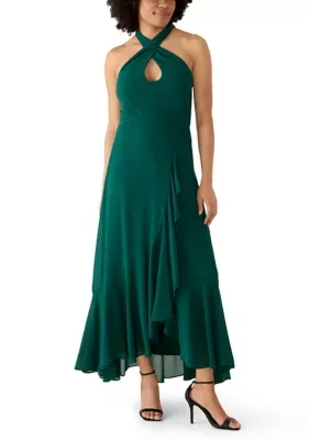Sleeveless Halter Floral Midi Asymmetrical Ruffle Hem Dress by Maison Tara