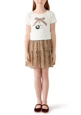 Bow T-Shirt and Leopard Graphic Skirt Set by Tween Diva