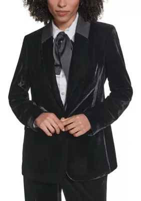 1-Button Satin Collar Velvet Jacket