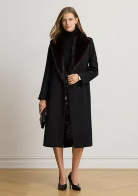 Lauren Ralph Lauren Faux-Fur-Trim Double-Breasted Crepe Coat by Ralph Lauren