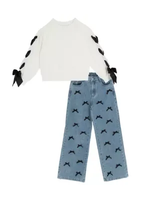 Ribbon Laced Sweatshirt and Bow Jeans Set by Tween Diva