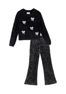 Eyelash Sweater with Sequin Mesh Flare Pants by Tween Diva